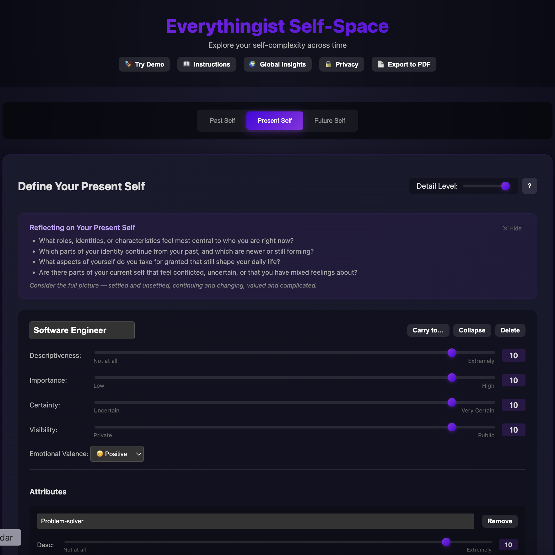 Self-mapping app screen where users define aspects of the present self using sliders and attributes.