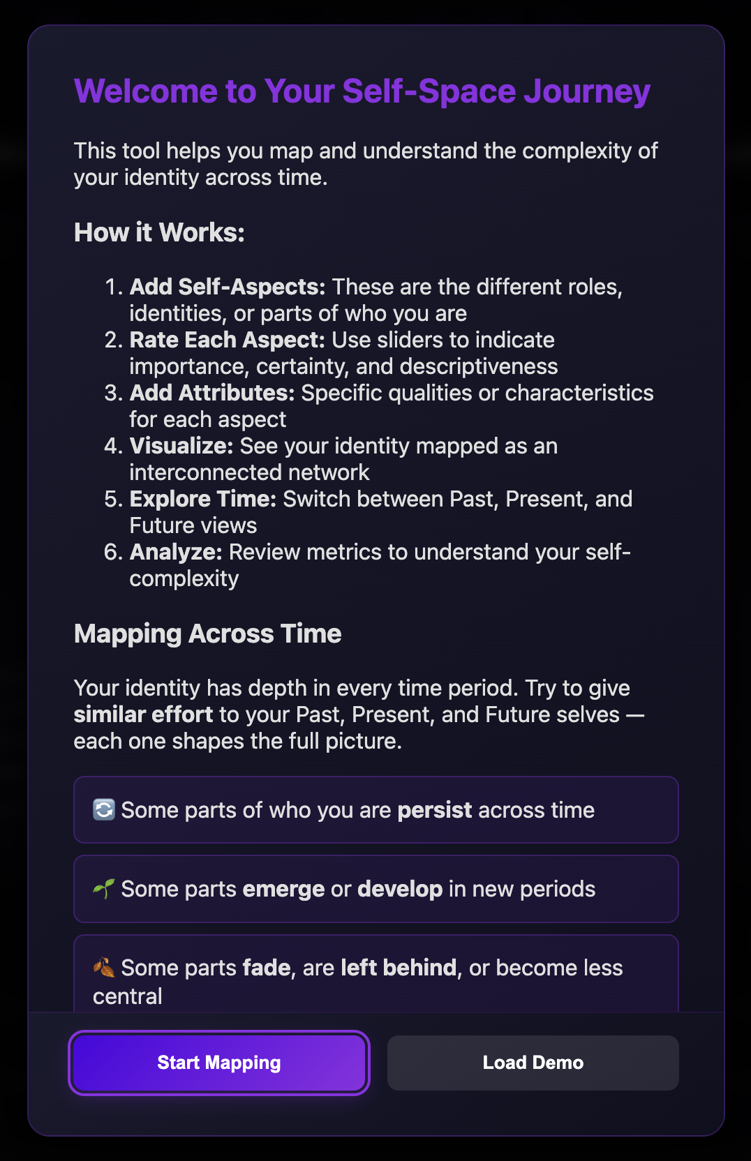 Welcome screen for the self-mapping app showing the start of the self-space journey.